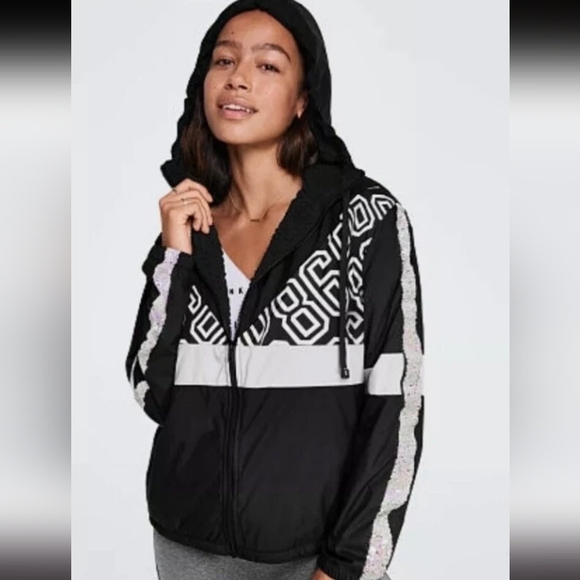 M/L Pink Victoria's Secret Windbreaker Black & White Anorak Jacket Coat - Picture 2 of 12